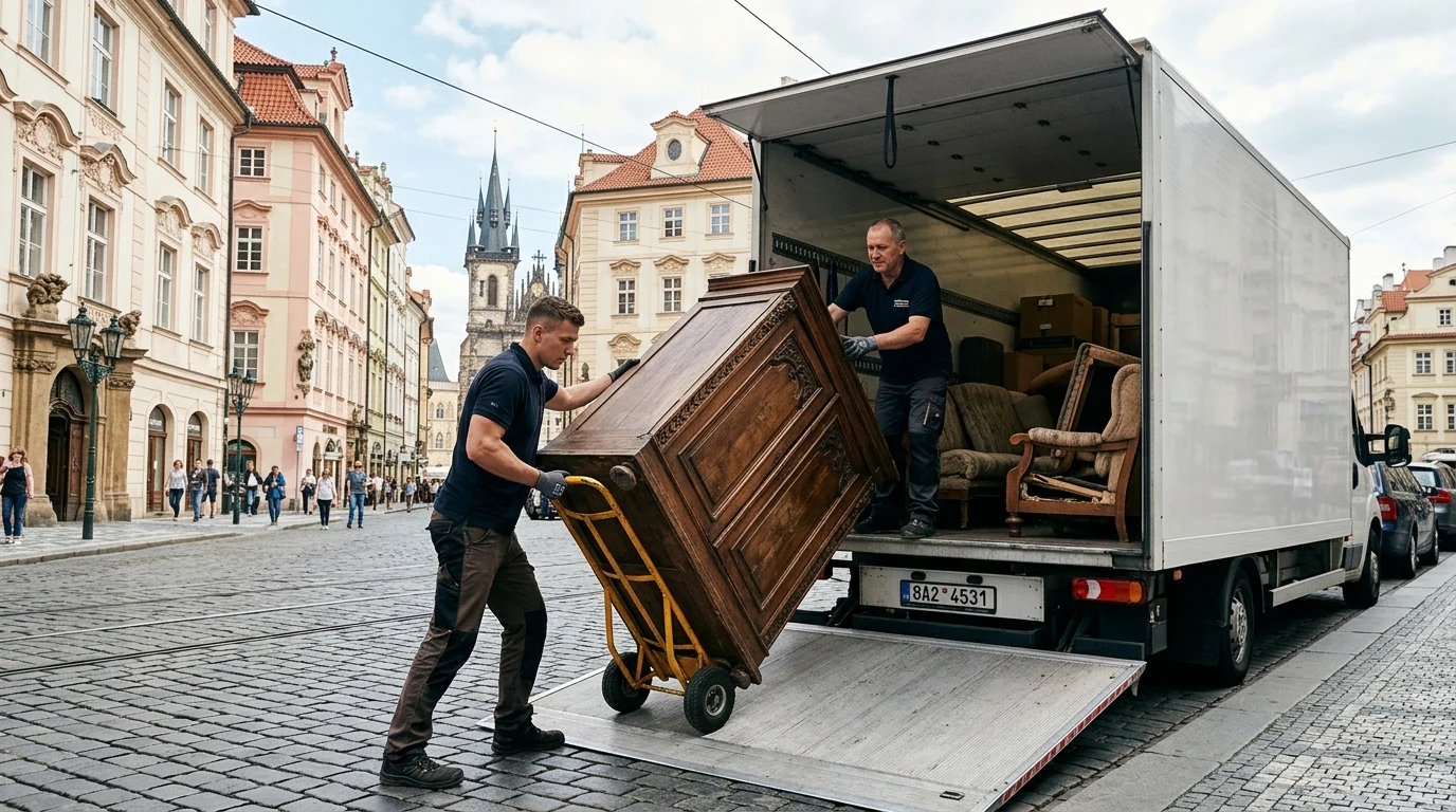 Pracovníci nakládají starý těžký dřevěný nábytek do stěhovacího vozu na pražské ulici